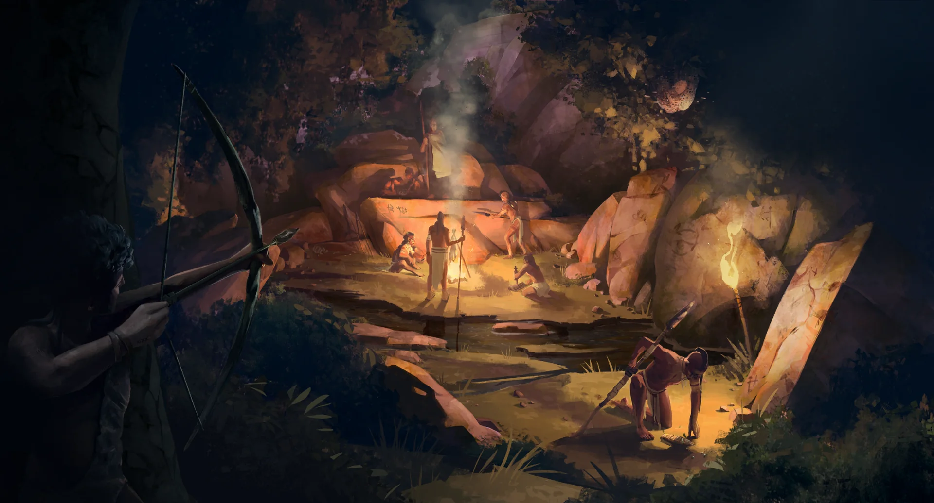 A hunter aims a bow at a tribal ritual gathered around a fire