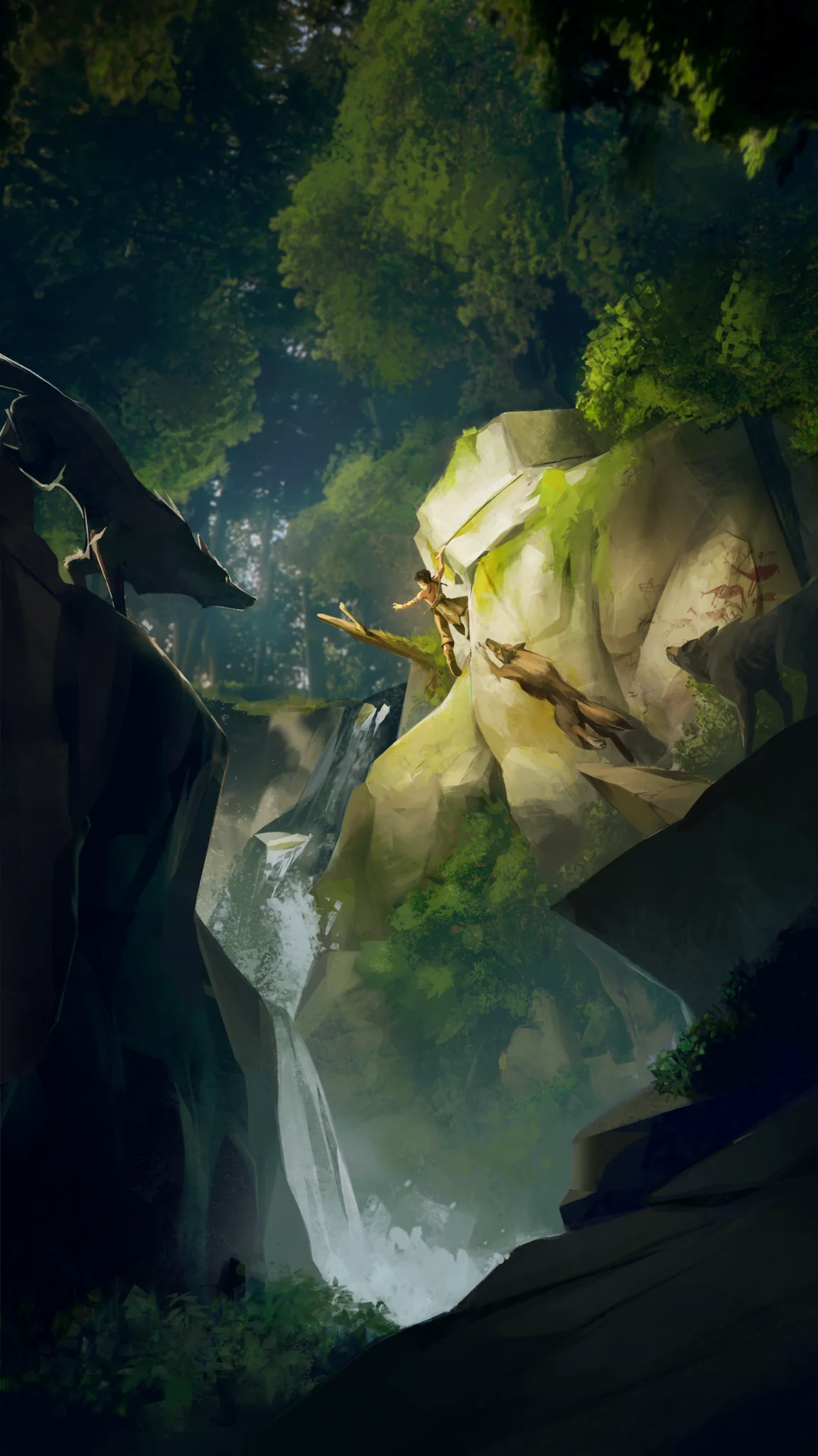 Kiipluu climbs a moss-covered cliff above a waterfall, past ancient cave paintings and a wary wolf