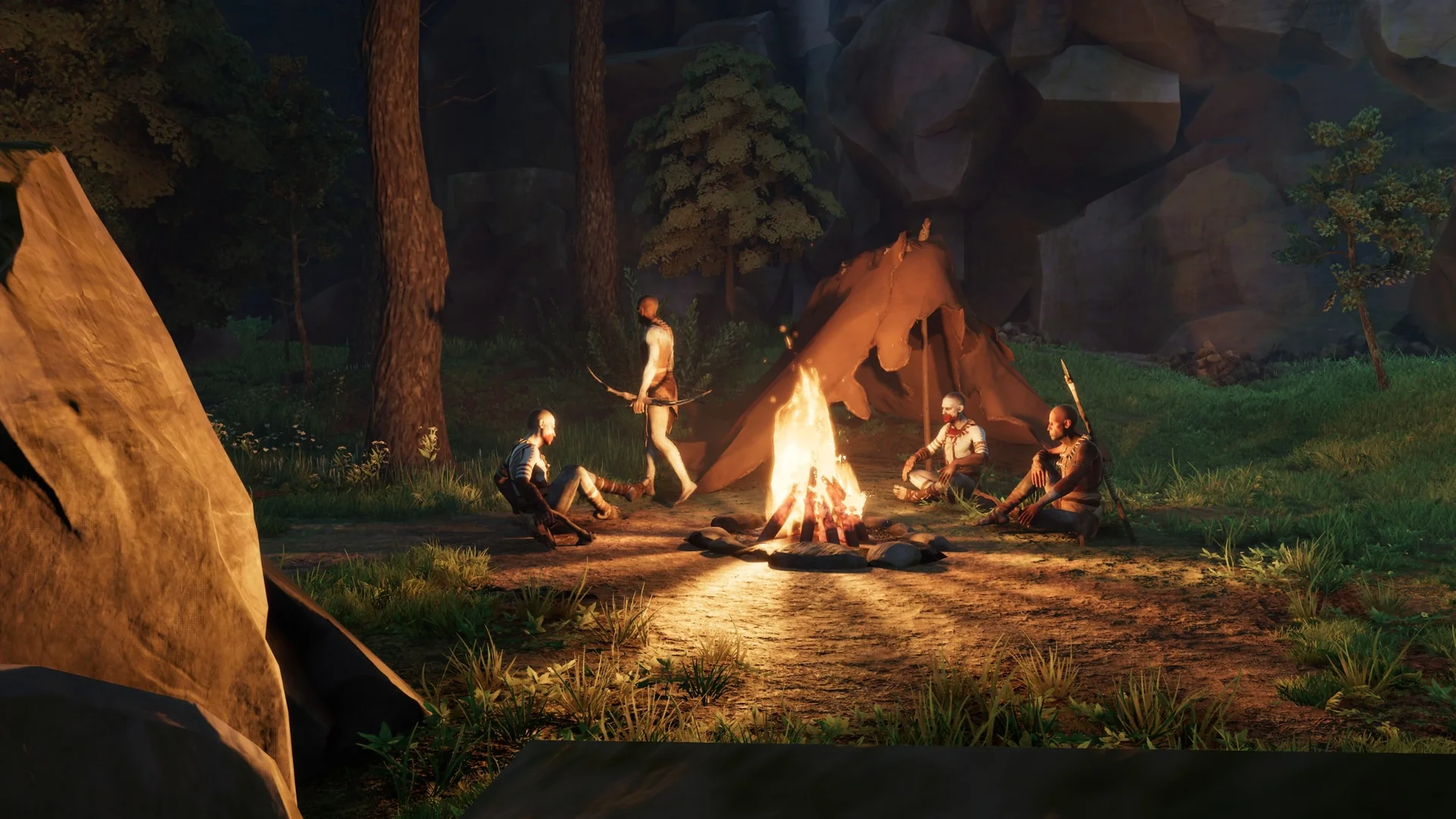Hunters gather around a campfire beside a hide tent in the forest